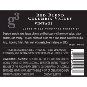 G3 Red Blend – Back Label – Non-Vintage