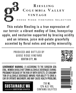 G3 Riesling – Back Label – Non-Vintage