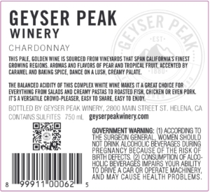 Geyser Peak Chardonnay – Back Label – Non-Vintage