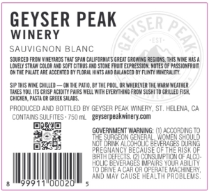 Geyser Peak Sauvignon Blanc – Back Label – Non-Vintage
