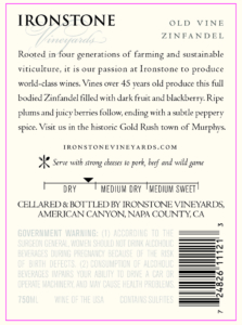 Ironstone Old Vine Zinfandel – Back Label – Non-Vintage