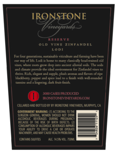 Ironstone Reserve Old Vine Zinfandel – Back Label – Non-Vintage