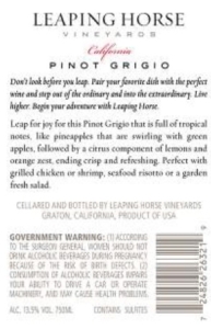 Leaping Horse Pinot Grigio – Back Label – Non-Vintage
