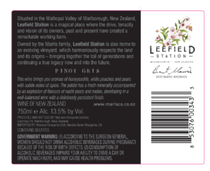 Leefield Station Pinot Gris – Back Label – Non-Vintage