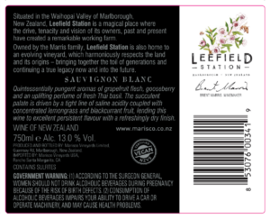 Leefield Station Sauvignon Blanc – Back Label – Non-Vintage