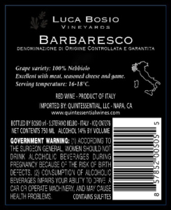 Luca Bosio Barbaresco DOCG – Back Label – Non-Vintage