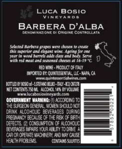 Luca Bosio Barbera d’Alba ‘Egidio’ – Back Label – Non-Vintage
