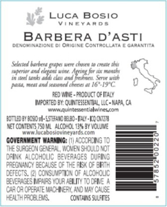 Luca Bosio Barbera d’Asti DOCG – Back Label – Non-Vintage