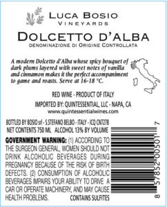 Luca Bosio Dolcetto d’Alba DOC – Back Label – Non-Vintage