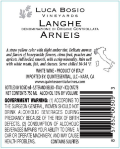Luca Bosio Langhe Arneis DOC – Back Label – Non-Vintage