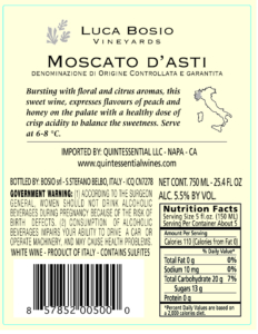 Luca Bosio Moscato d’Asti DOCG – Back Label – Non-Vintage
