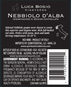 Luca Bosio Nebbiolo d’Alba – Back Label – Non-Vintage