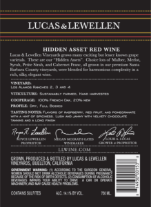 Lucas & Lewellen Hidden Asset Red Wine – Back Label – Non-Vintage