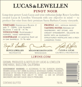 Lucas & Lewellen Pinot Noir Goodchild High 9 – Back Label – Non-Vintage