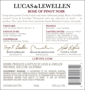 Lucas & Lewellen Rosé of Pinot Noir – Back Label – Non-Vintage