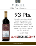 2014 Muriel Gran Reserva – 93 points, James Suckling – Accolade Sell Sheet