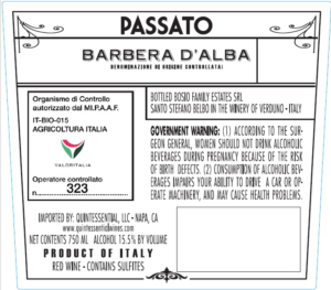 Passato Barbera d’Alba, Made with Organic Grapes – Back Label – Non-Vintage