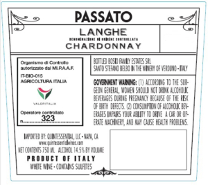 Passato Organic Langhe Chardonnay – Back Label – Non-Vintage