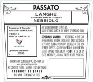Passato Langhe Nebbiolo, Made with Organic Grapes – Back Label – Non-Vintage