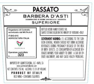 Passato Organic Barbera d’Asti Superiore – Back Label – Non-Vintage