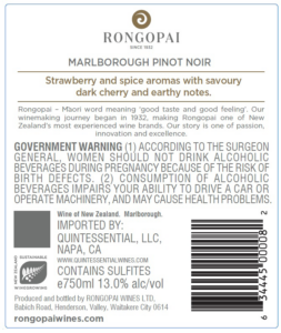 Rongopai Marlborough Pinot Noir – Back Label – Non-Vintage