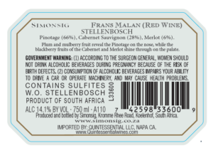 Simonsig Frans Malan Reserve – Back Label – Non-Vintage