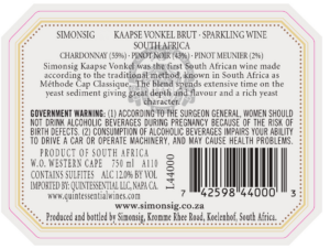 Simonsig Kaapse Vonkel Brut – Back Label – 2022 Vintage & Before