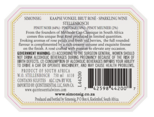 Simonsig Kaapse Vonkel Brut Rose – Back Label – Non-Vintage