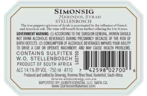 Simonsig Merindol Syrah – Back Label – Non-Vintage