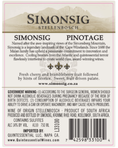 Simonsig Pinotage – Back Label – Non-Vintage