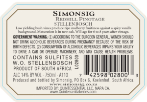 Simonsig Redhill Pinotage – Back Label – Non-Vintage