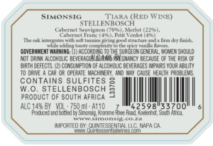 Simonsig Tiara – Back Label – Non-Vintage