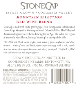 StoneCap Mountain Selection Red Blend – Back Label – Non-Vintage