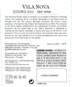 Vila Nova Douro Red – Back Label – Non-Vintage