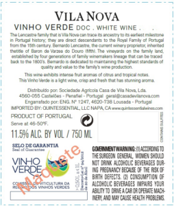 Vila Nova Vinho Verde – Back Label – Non-Vintage