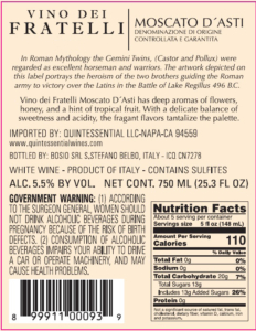 Vino dei Fratelli Moscato d’Asti – Back Label – Non-Vintage
