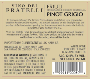 Vino dei Fratelli Pinot Grigio – Back Label – Non-Vintage