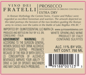 Vino dei Fratelli Prosecco – Back Label