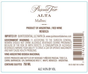 Pascual Toso Alta Malbec – Back Label – Non-Vintage